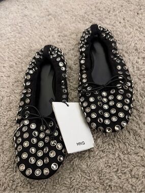 Mango Black Crystal-Studded Ballet Flats